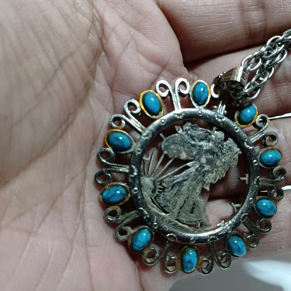 90% Silver 1946 Cut Out Walking Liberty Half Dollar Southwest Style Necklace, - Picture 5 of 7